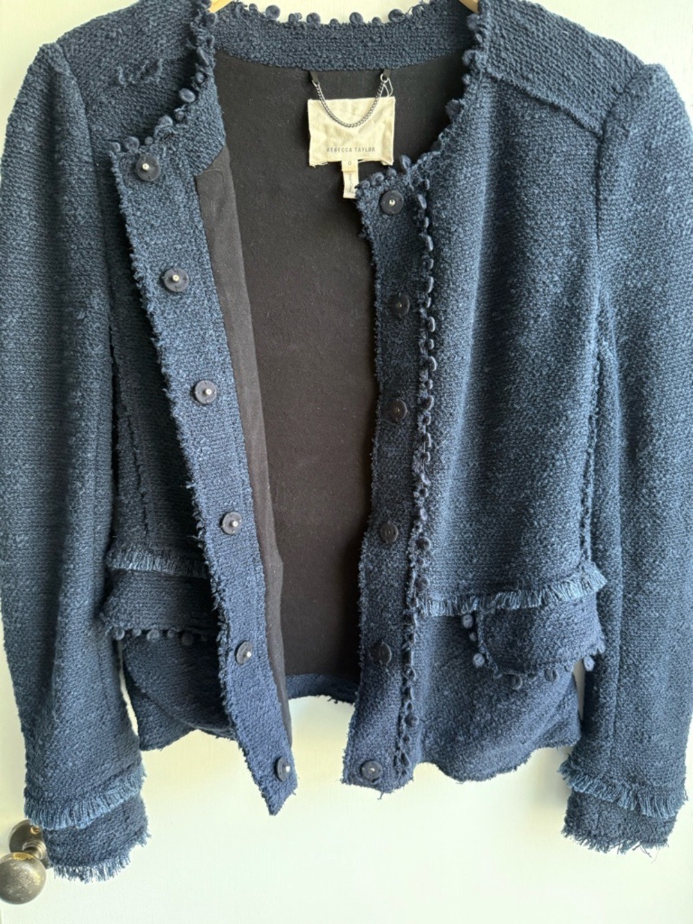 Rebecca Taylor Navy Jacket Size 0 Boucle with Fringe Trim - Picture 6 of 11